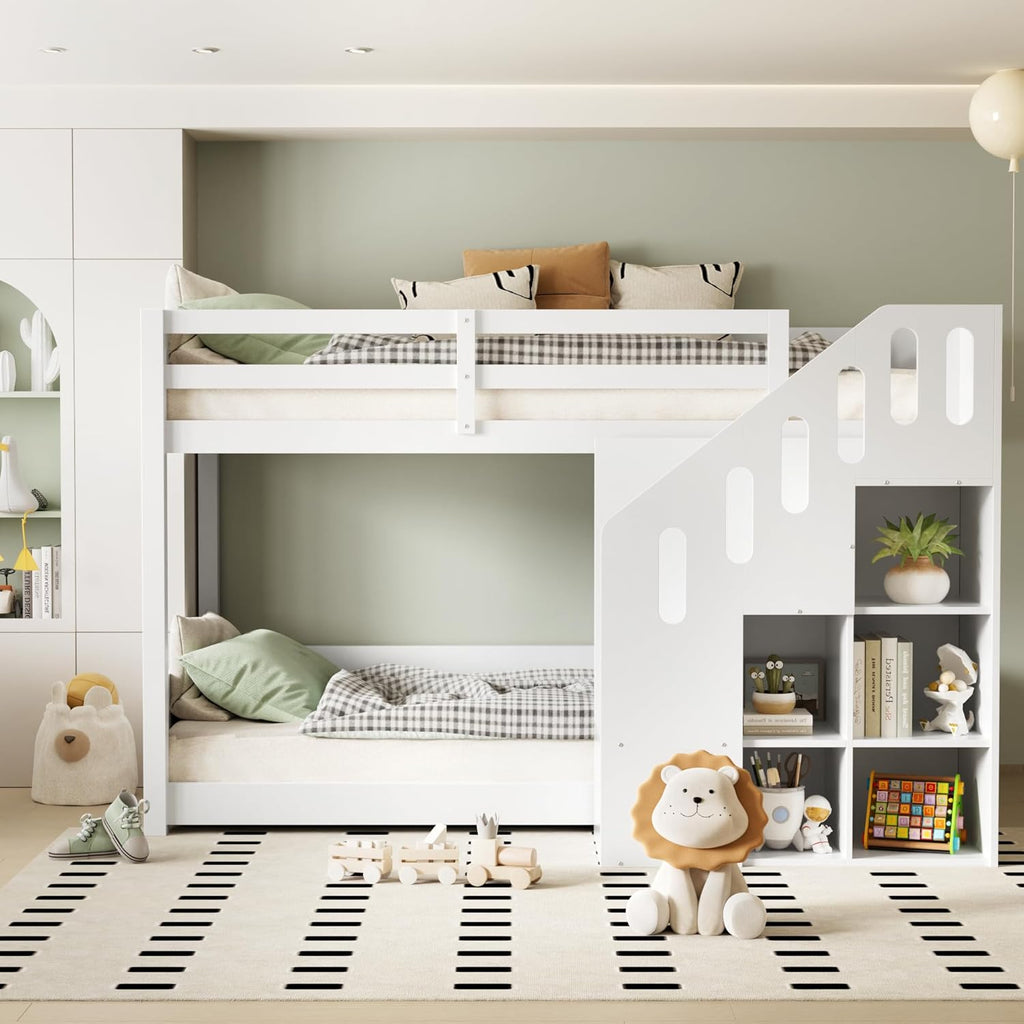Hochbett Etagenbett 2 Kinder 90x200 cm mit Treppe, Kinderbett Mit & Schließfächern & Rausfallschutz, Kinderzimmer kinderhochbett, Stockbett für Mädchen Junge, Weiß