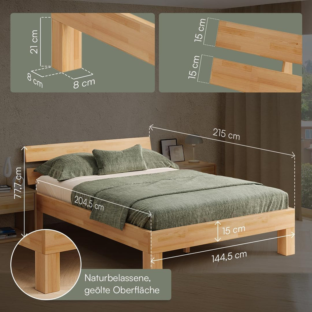 skølm Floki Massivholzbett 140x200 cm aus Buche - hochwertiges Bettgestell - Bettrahmen mit Bettkopf - Holzbett in Natur geölt - Bett 140x200 cm geeignet als Doppelbett - Futonbett