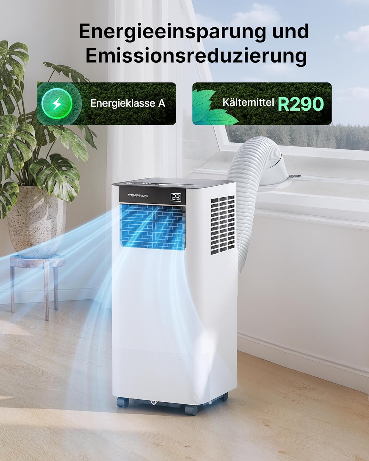 Mobile Klimaanlage 9000BTU 2,6Kw mit Abluftschlauch | 3-in-1 Mobiles Klimagerät | Fensterabdichtung | APP-Steuerung + Fernbedienung | Leiser Betrieb