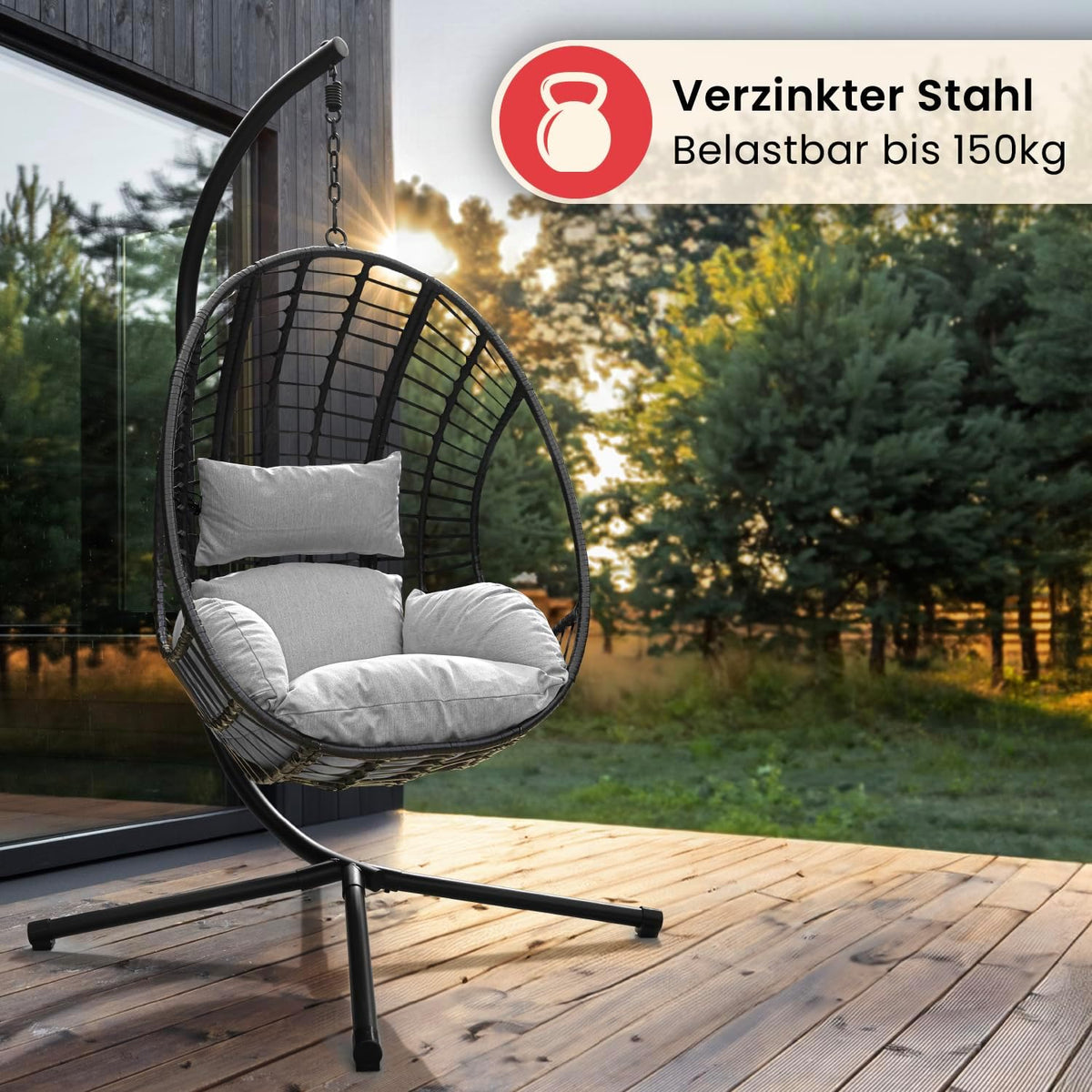 Swoods XXL Hängesessel mit Gestell - Hängesessel Für Indoor und Outdoor - Inkl. Kissen - Egg Chair - bis 150kg (Hellgrau)
