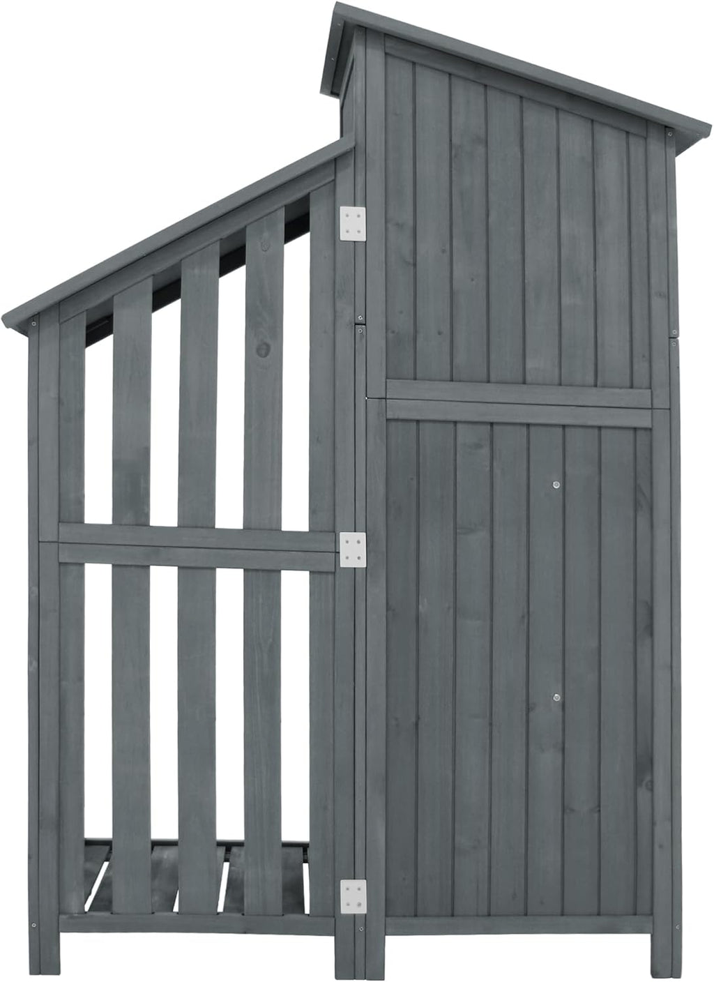 Su & Chan Legence Holzgerätehaus mit großem Stauraum, wetterfester Geräteschuppen mit Zwei Ablagen, vielseitiger Gartenschrank für Werkzeuge und mehr, 124 x 46 x 174 cm, Grau
