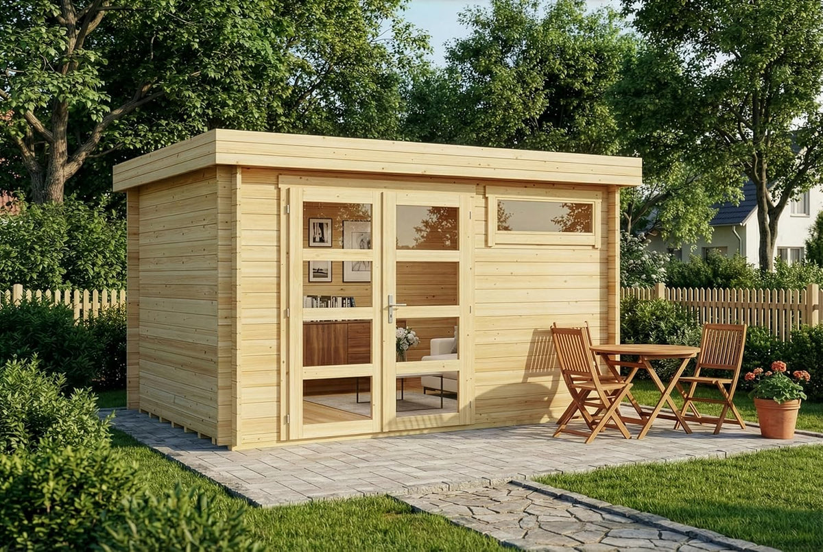 Gartenhaus Leandro-28 mit Fußboden aus Holz, Gerätehaus 394x268cm mit 28 mm Wandstärke in Naturbelassen