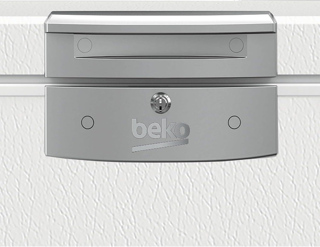 Beko HSM22340 Gefriertruhe, Kühltruhe, 230 l Nutzvolumen, 2 Gefriergutkörbe, Temperaturalarm, abschließbar, LED-Anzeigesystem, Innenbeleuchtung, 35 db(A), Transportrollen, Weiß