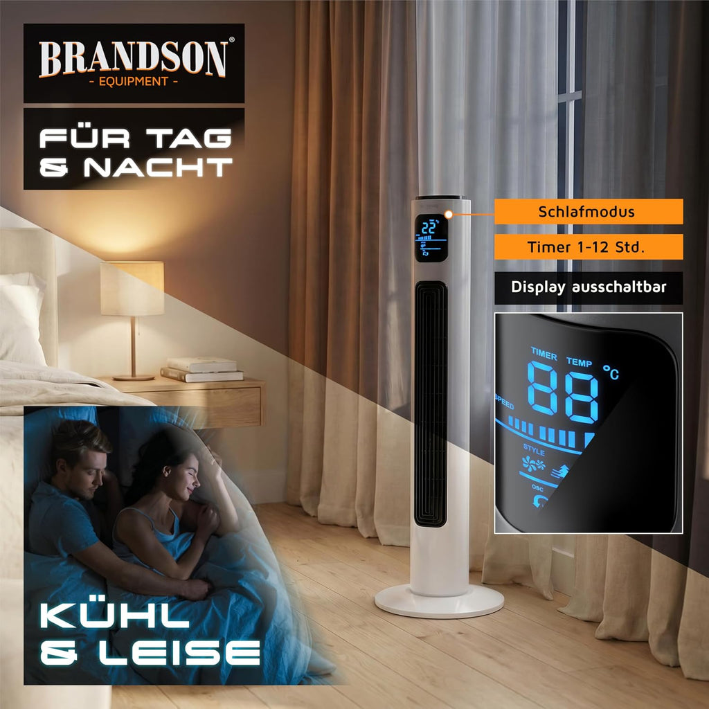 Brandson - Turmventilator mit Fernbedienung 96 cm - Preisträger 2026 - mobiler Lüfter leise - Standventilator mit Oszilation - 3 Geschwindigkeiten 3 Modi - Timer - Ventilator - GS - Perlweiß