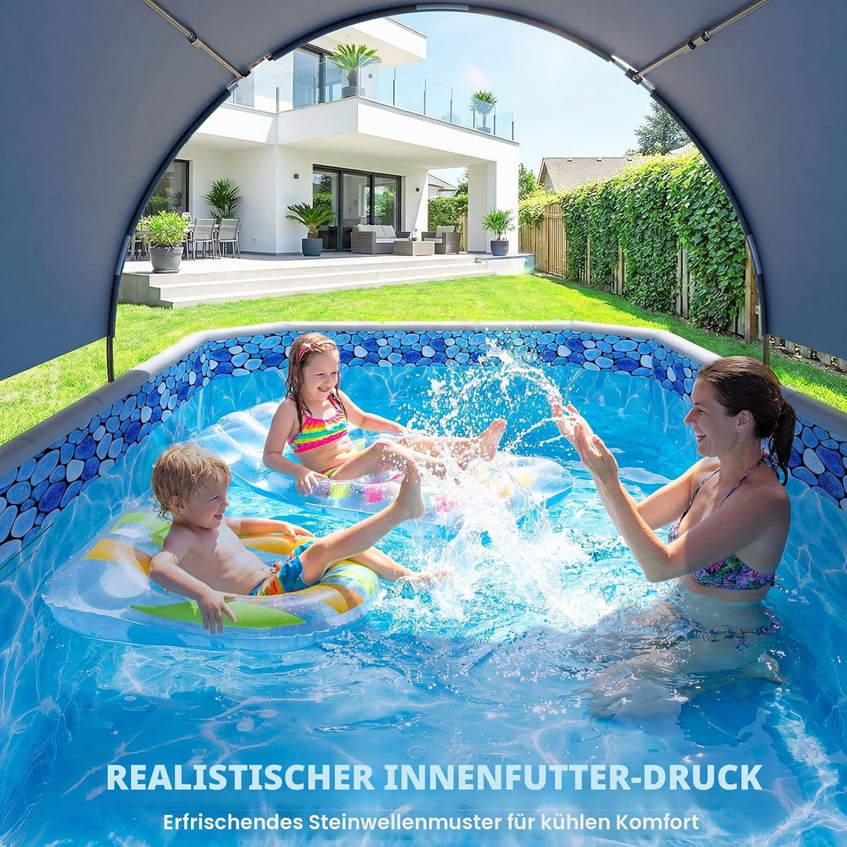 Luxfero Rectangular Frame Pool mit Dach, Faltbarer Aufstellpool Rechteckig, Verdickung Schwimmbecken mit Schatten, Schnelle Installation Gartenpool, Faltbarer Außen-Swimmingpool, 228 x 127 x 50 cm