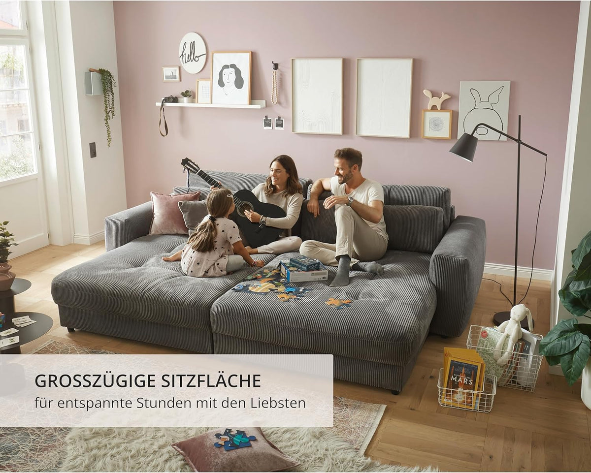 Big Sofa BARURA Cord dunkelgrau – XXL Couch mit großer Liegefläche, modernes Sofa 292x194 cm inklusive Nierenkissen