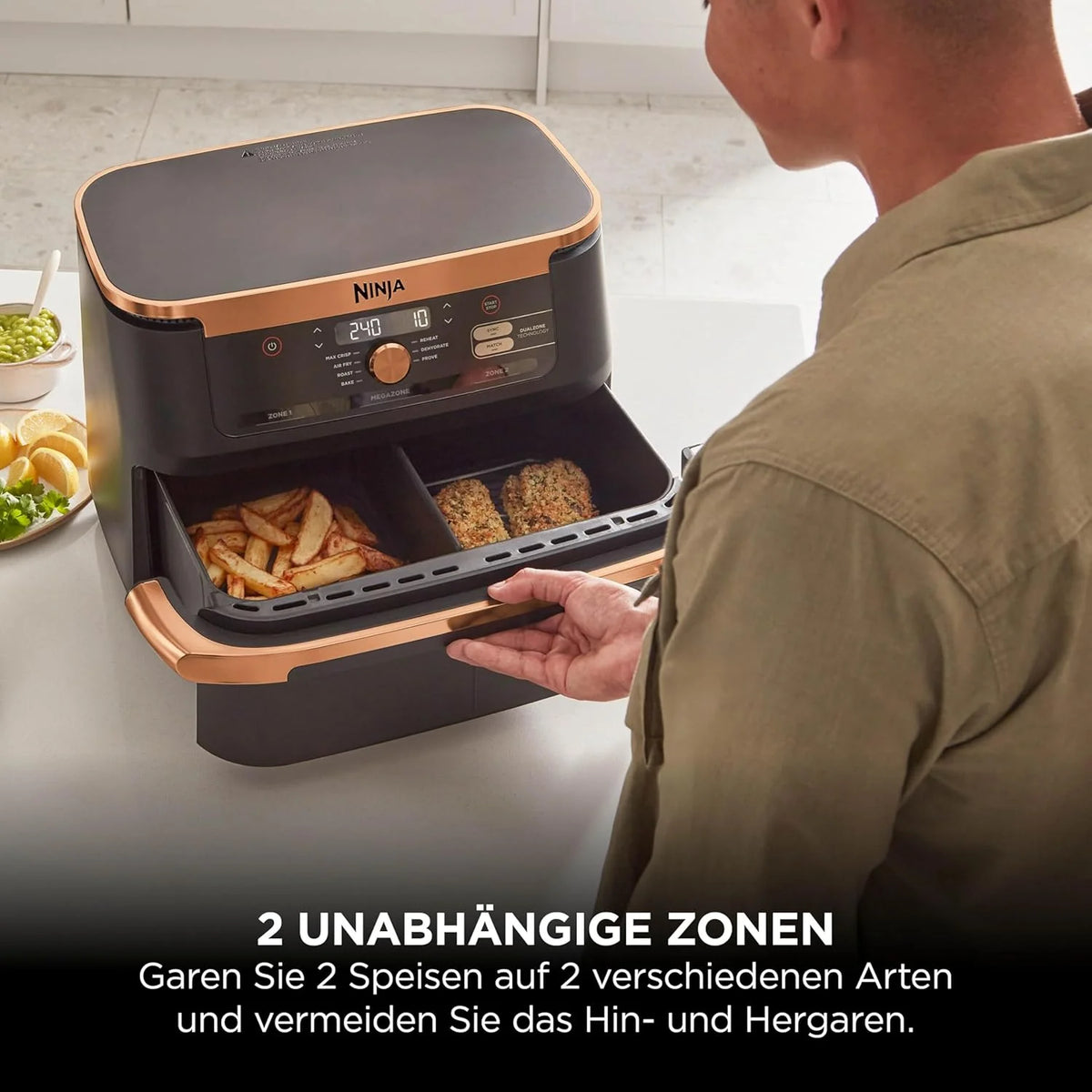 Ninja AF500EUCP Foodi FlexDrawer Heißluftfritteuse 10,4L – 7 Funktionen, Dual Zone, 2470W, Schwarz/Kupfer