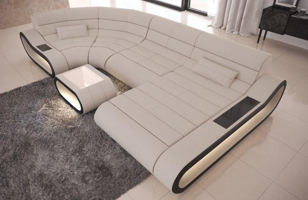 Sofa Dreams Wohnlandschaft Concept U Form - mit LED Beleuchtung, Ottomane/Mikrofaser/Ausrichtung wählbar (Ottomane rechts, Schwarz-Elfenbein)