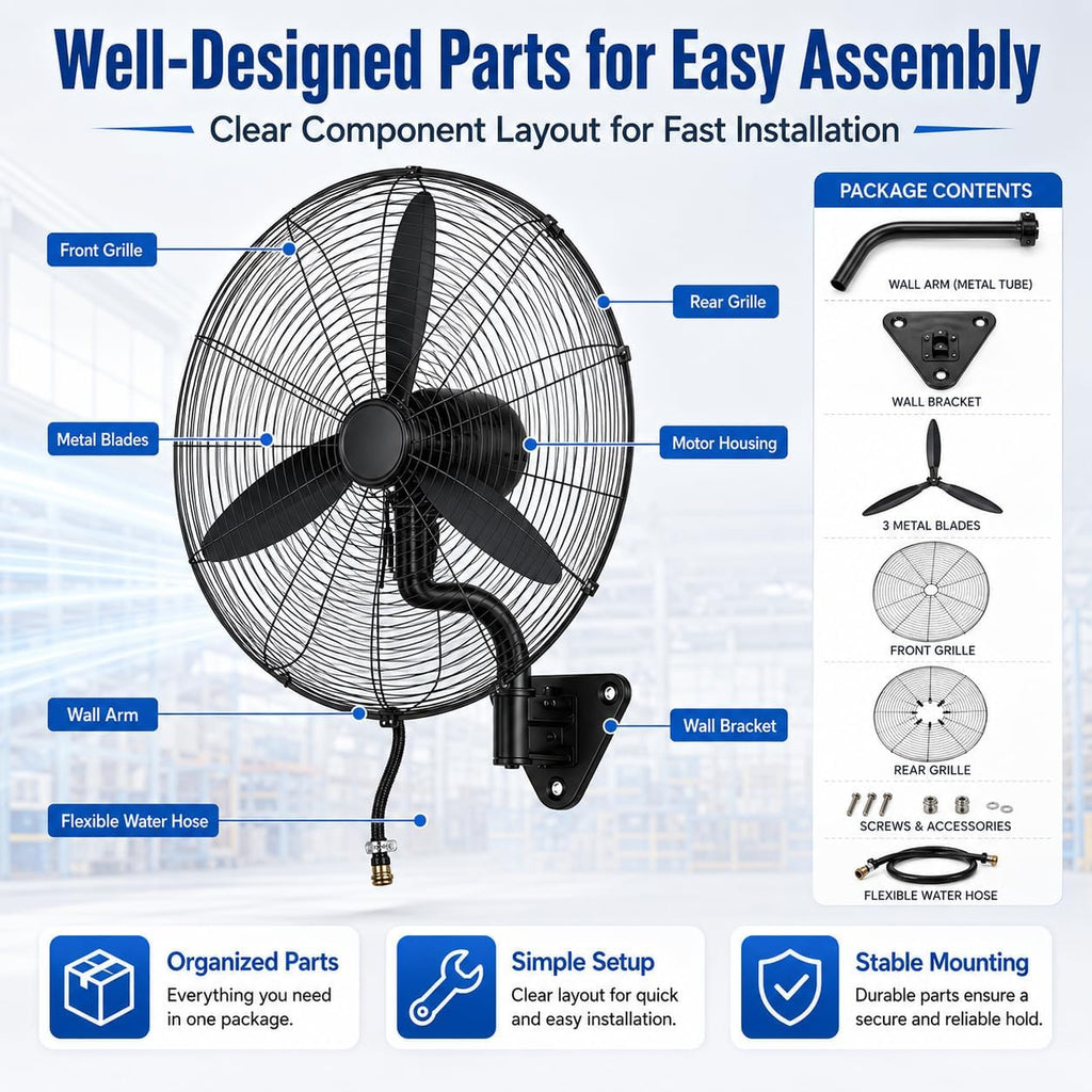TsoLay Industrieller Wandventilator, Oszillierender Hochgeschwindigkeitsventilator, Robustes Metall, 3 Geschwindigkeiten, 120° Oszillation & 30° Einstellbar, Für Gewerbe, Wohnbereich, Garage