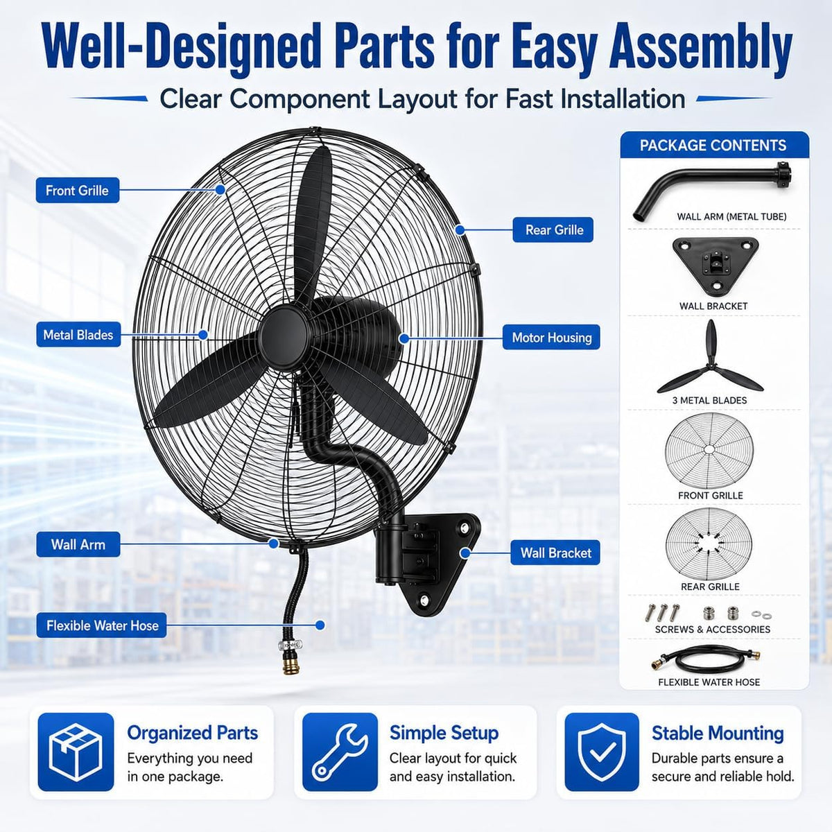 TsoLay Industrieller Wandventilator, Oszillierender Hochgeschwindigkeitsventilator, Robustes Metall, 3 Geschwindigkeiten, 120° Oszillation & 30° Einstellbar, Für Gewerbe, Wohnbereich, Garage