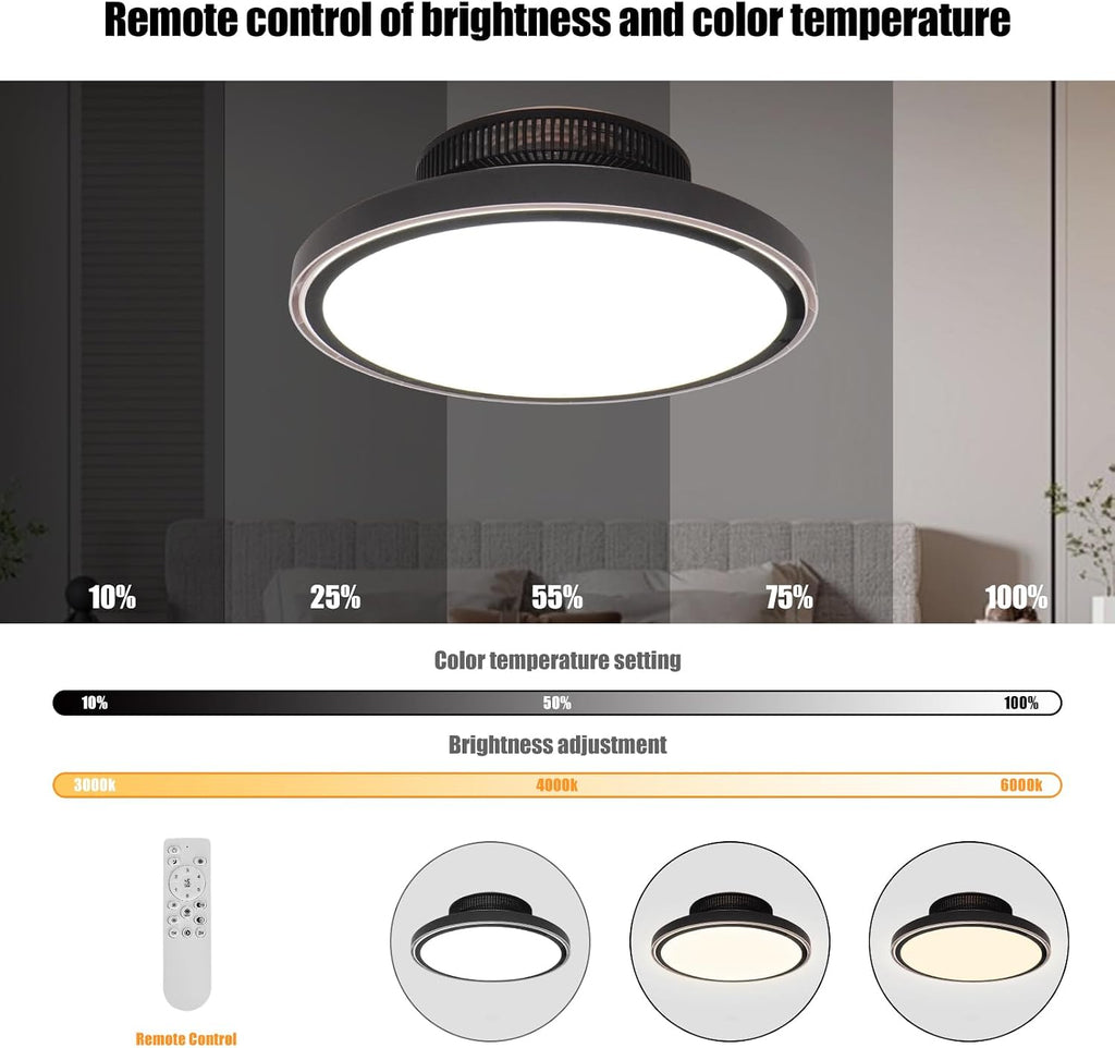 Blattloser Deckenventilator mit Beleuchtung und Fernbedienung Leise, 3000-6000K Dimmbares LED Deckenleuchte mit Ventilator mit 6 Windgeschwindigkeiten und Timer-Funktion, Schwarz