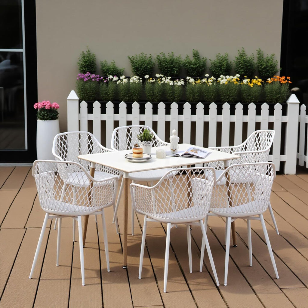 Gartenstuhl 6er Set, Outdoor Stuhl mit Armlehne, Armlehnensessel Loungesessel Lehnstühle, Gartenstühle 120 kg belastbar, Weiß