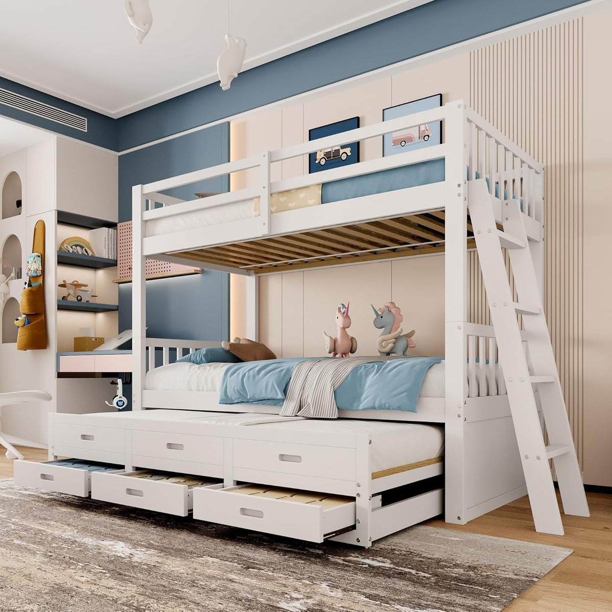 Etagenbett Kinderbett 90x200 cm mit Stauraum, Hochbett mit Leiter und Rollbett, Jugendbett Bettgestell mit 3 Schubladen, Holzbett Bett mit Rausfallschutz und Lattenrost, Ohne Matratze (Weiß)