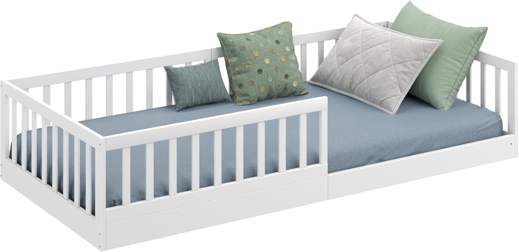 CADANI Timi 2in1 Bodenbett 140x200 cm Montessori Kinderbett mit abnehmbaren Rausfallschutz inkl. Lattenrost, Kiefer Massivholz, weiß - 3 Aufbauvarianten, bis 200 kg belastbar, umbaubar