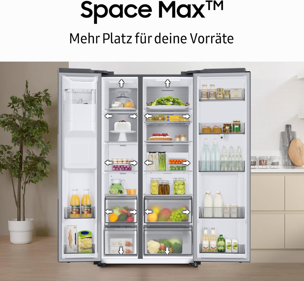 Samsung RS80F64KEFEF Side-by-Side Kühl-Gefrierkombination, AI Kühlschrank mit Gefrierfach, 178,4 cm, 640 l, Eis-/Wasserspender mit Festwasseranschluss, AI Voice Control & Energy Mode, Black Steel