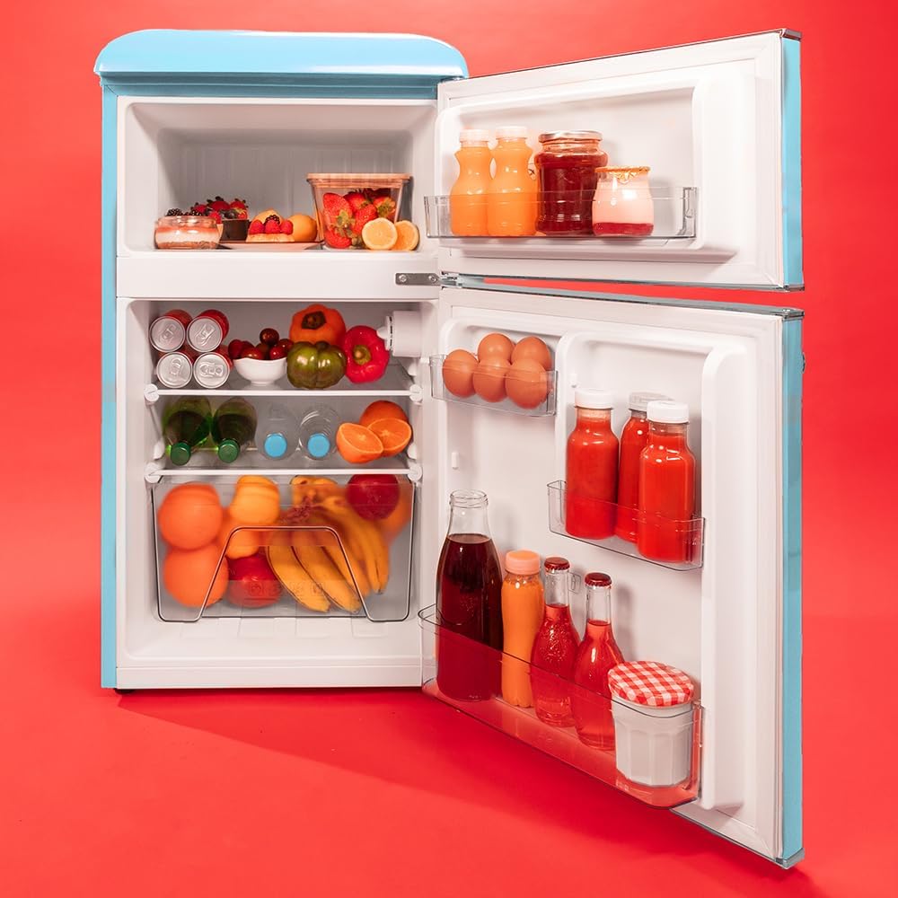 Cecotec Kleiner Kühlschrank - 2-türiger Kühlschrank - Retro 86L Bolero CoolMarket 2D Origin 86 Blue E. 89,3 cm Höhe und 48,7 cm Breite, Energieklasse E, Eisfach, Innenbeleuchtung und Chromgriff, Blau