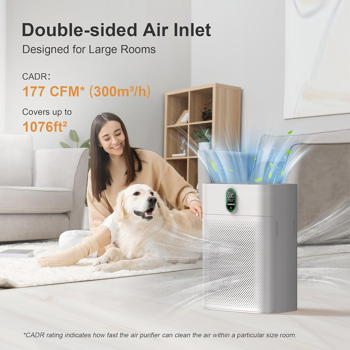 MORENTO Luftreiniger Allergiker für Wohnung Raucherzimmer, HEPA Luftfilter gegen Staub Pollen Tierhaare, CADR 300m³/h für 100㎡, Luftqualitäts-Feedback Air Purifier, Weiß, 1 Pack+2 Ersatzfilter