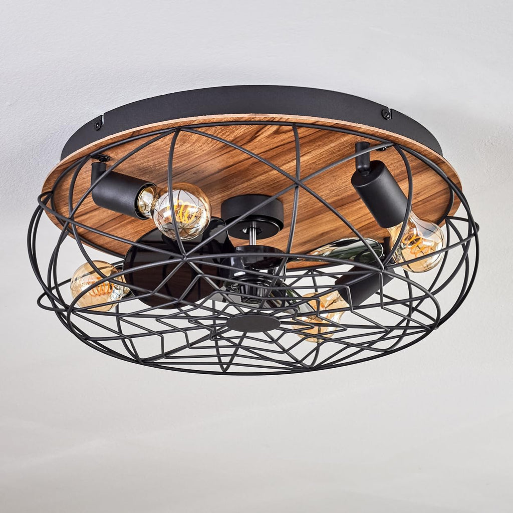 LED Deckenventilator Tourais, Ventilator aus Metall/MDF in Schwarz/Holzoptik, Deckenleuchte im Retro/Vintage-Design in Gitter-Optik, Lichteffekt u. Fernbedienung, Wohnzimmer, Schlafzimmer, Esszimmer