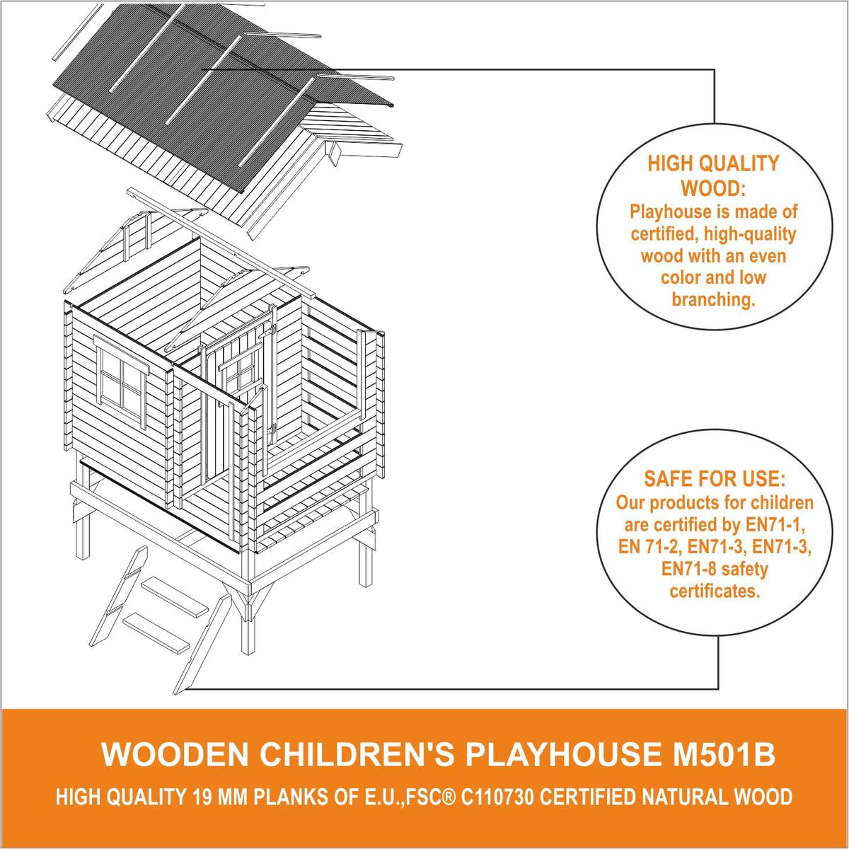 Timbela Kinderspielhaus aus Holz - Spielhaus im Freien für Kinder - B146xL181xH205 cm/1,1m2 Gartenspielhaus - Garten-Sommerhaus für Kinder M501B