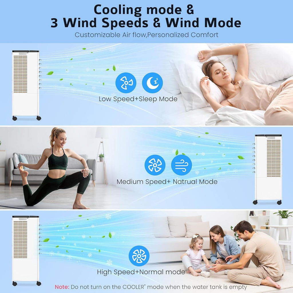 Klimaanlage Mobil Ohne Abluftschlauch, Verdunstungskühler Großer Wassertank 60W, Leiser Turmventilator Schlafmodus, 4 Modi 3 Geschwindigkeiten 1-12h Timer 60/120° Oszillierend Fernbedienung 4 Kühlakku