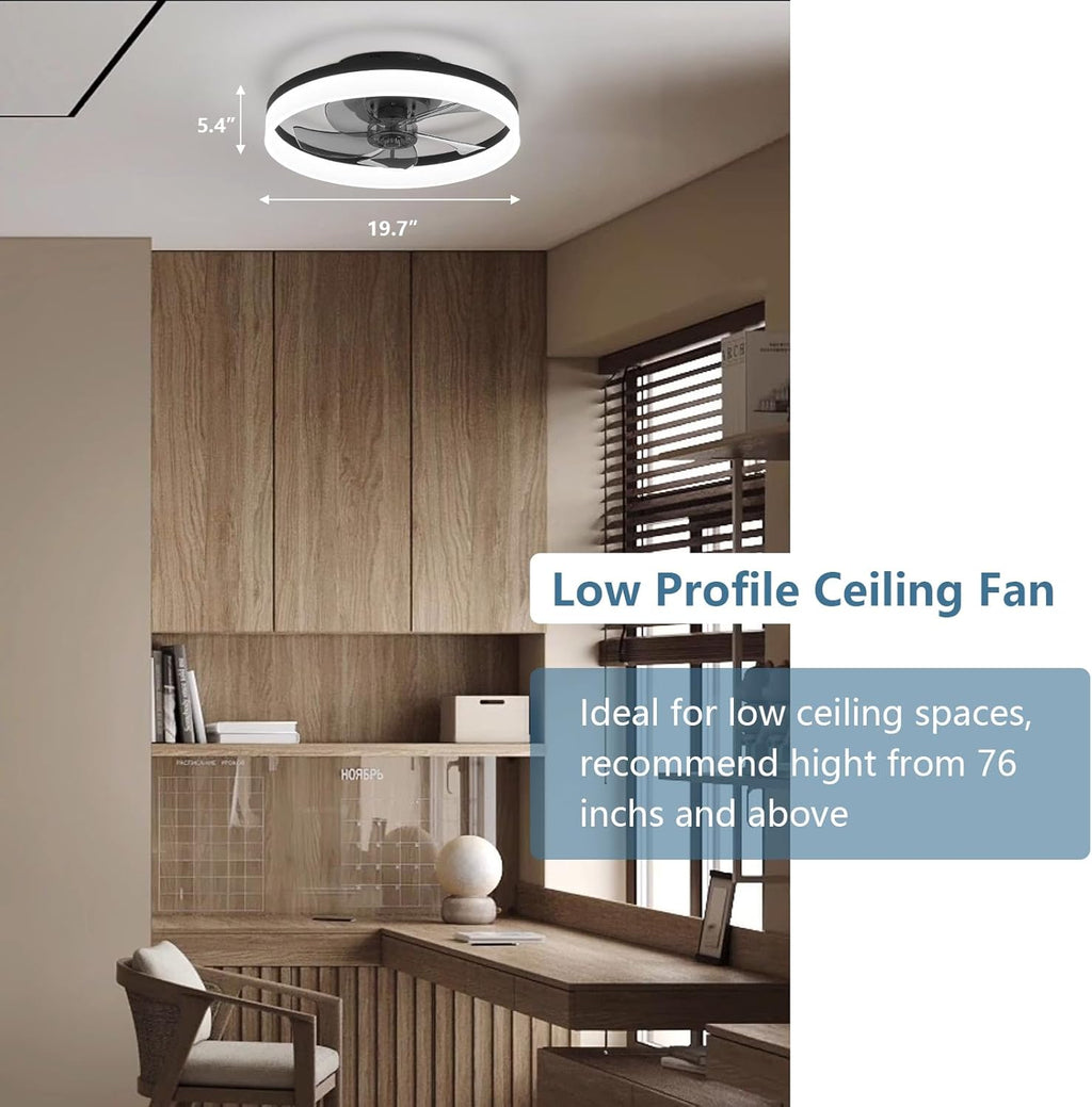 Deckenventilator mit Beleuchtung und Fernbedienung, LED Deckenleuchte Dimmbar, 3 Lichtfarben, 6 Windstufen, Moderne Lampe mit Ventilator Leise für Schlafzimmer Schwarz 50cm