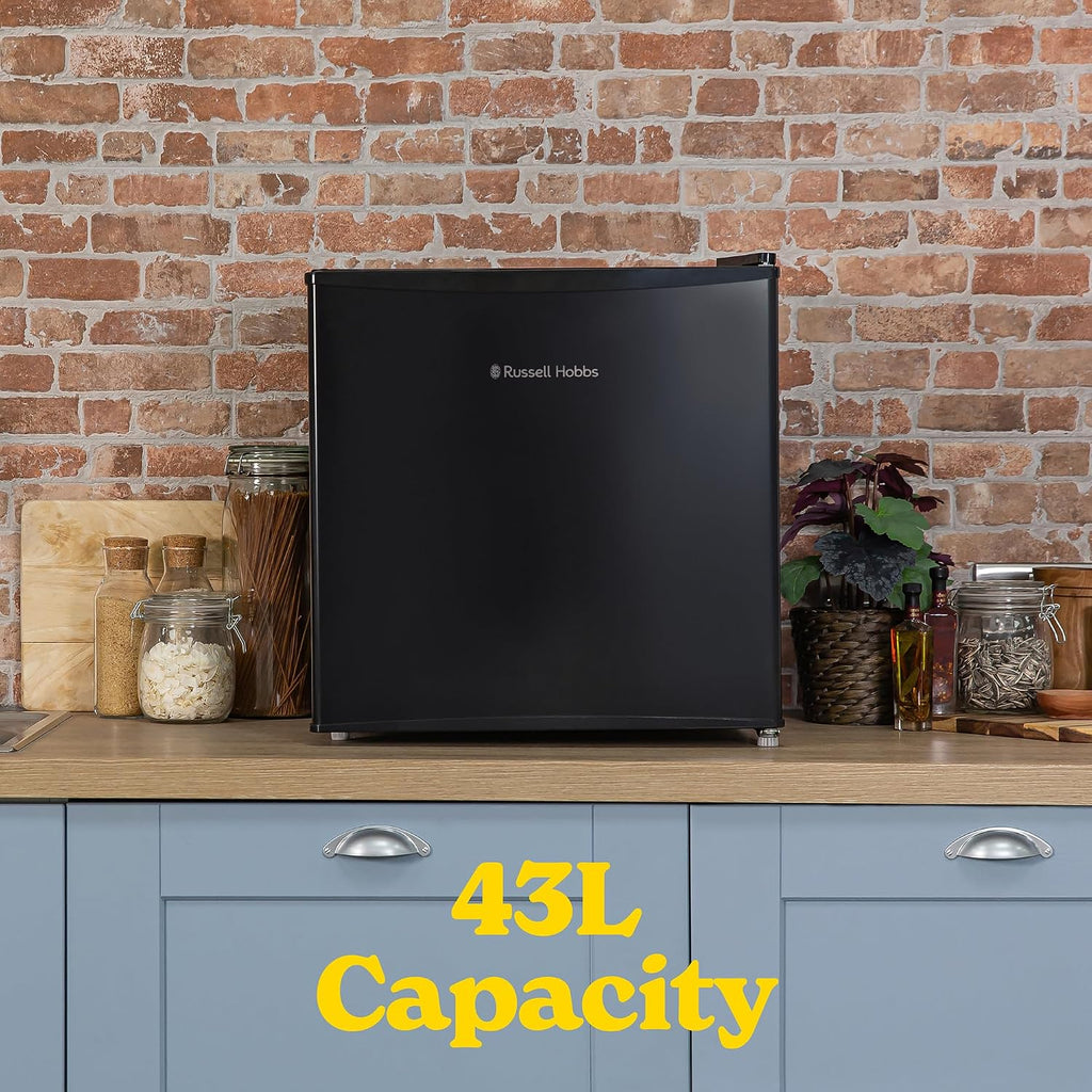 Russell Hobbs Tisch-Speisekammer, Mini-Kühlschrank, 43 Liter Fassungsvermögen, wendbare Tür & verstellbare Füße, kleiner Kühlschrank, manuelle Temperaturregelung, Eisbox, schwarz RHTTF0E1B
