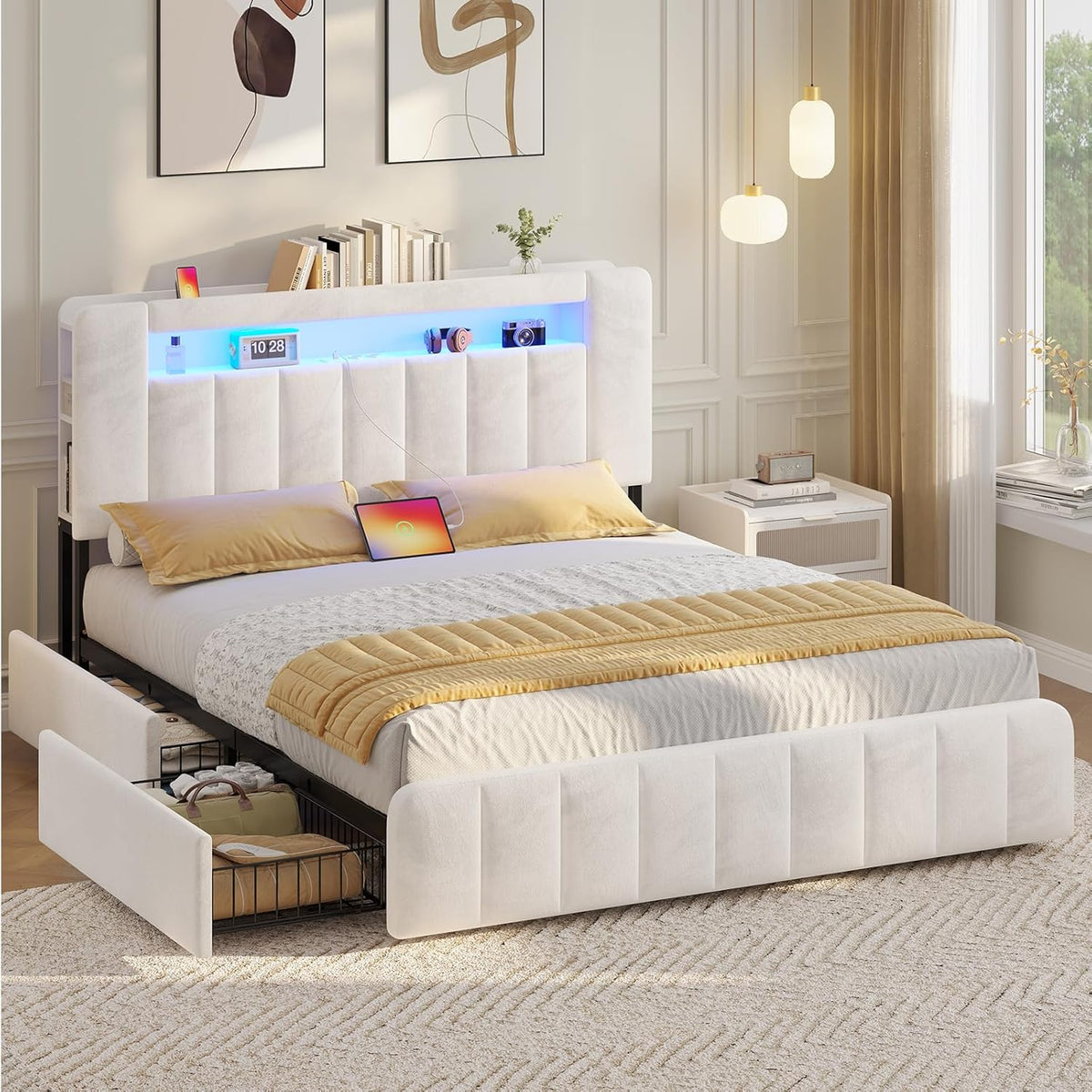 AOGLLATI Polsterbett 160x200 cm mit Stauraum - 4 Schubladen, Doppelbett mit LED-Beleuchtung & Ladestation, Bettgestell mit Kopfteil aus Samt, Bett mit Lattenrost ohne Matratze