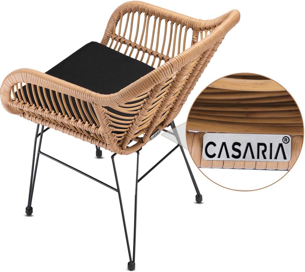 Casaria® Balkonset 3 teilig 5cm Auflagen Wetterfest 5mm Sicherheitsglasplatte Höhenverstellbar Rattan Look Outdoor Terrasse Balkon Gartenmöbel Korbsessel