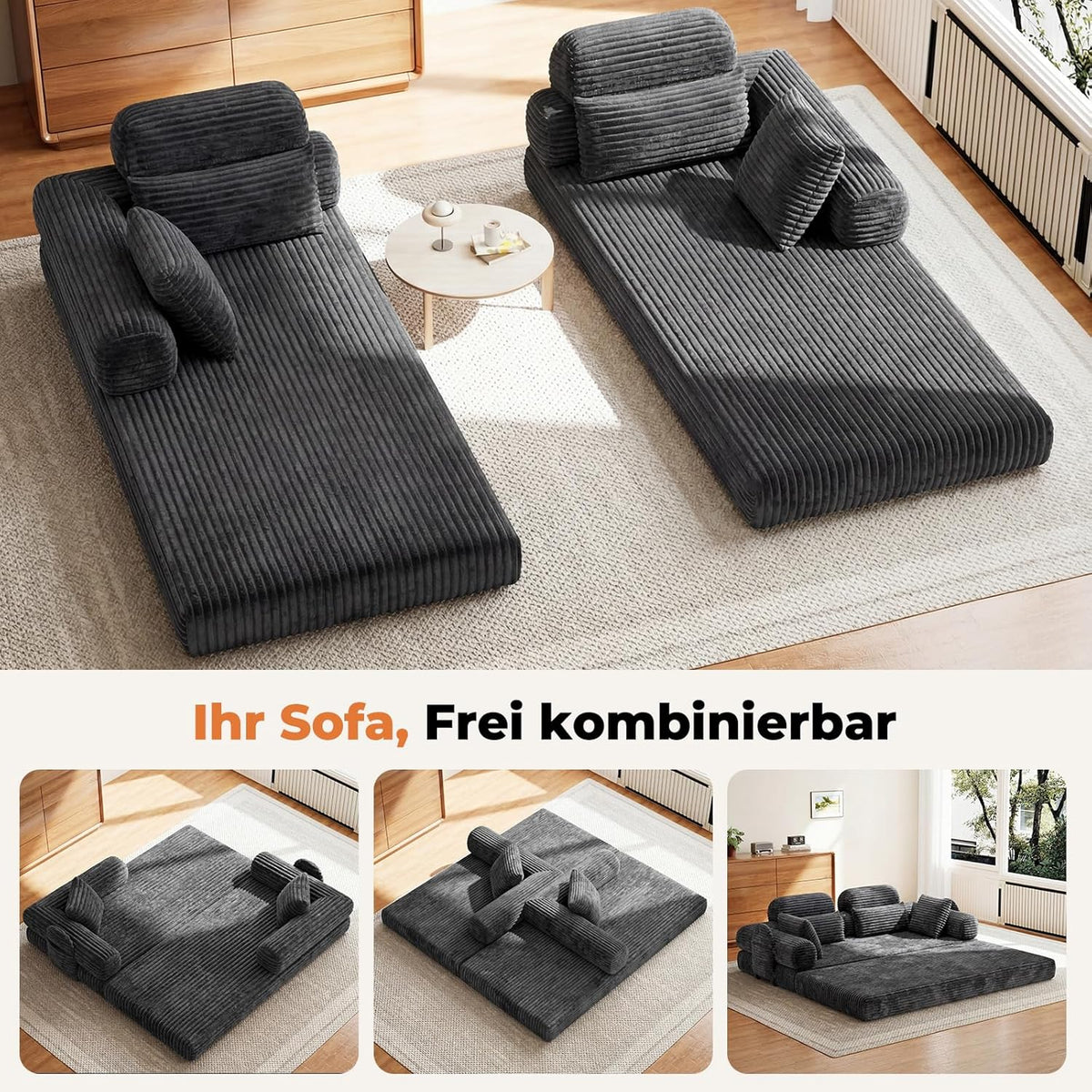HOMRELEXA Schlafsofa 200cm Breit, Boneless Couch, Bodensofa Bed mit Hohe Rückenlehne, Abnehmbare Integrierte Kopf- und Lendenstütze, 2 Zierkissen, Seitentasche, Cord Sofa mit schlaffunktion, Grau | Hohe Rückenlehne, 2 Zierkissen, Abnehmbare Armlehnen