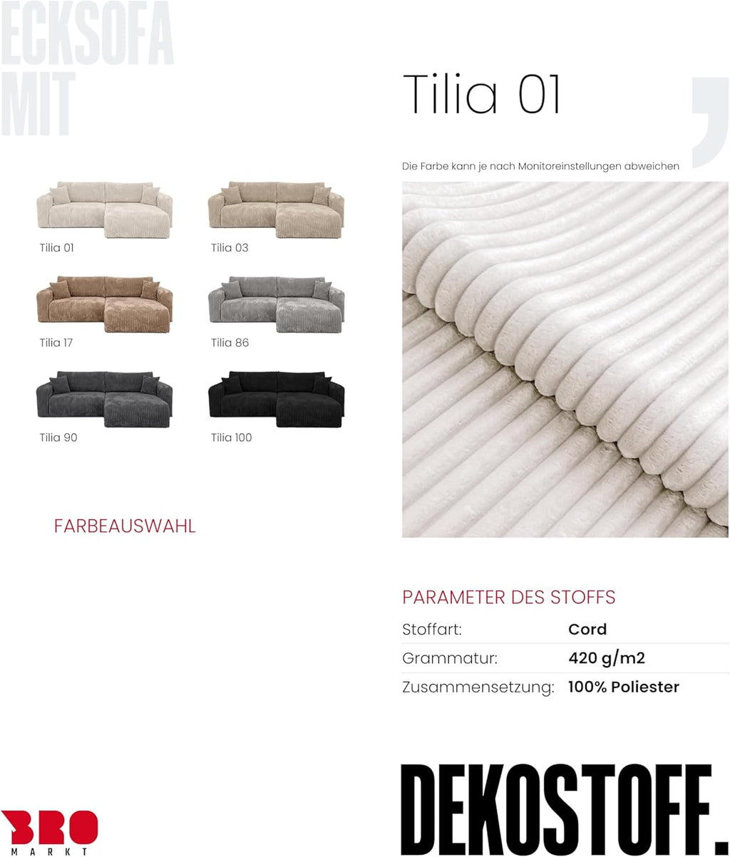 BROMARKT Ecksofa mit Schlaffunktion Creme Couch L-Form Cordstoff Sofa mit Bettkasten Wohnzimmer Schlafcouch Schlafsofa mit Stauraum Eckcouch 3 Sitzer Wohnlandschaft 244x148x82 cm TILIO
