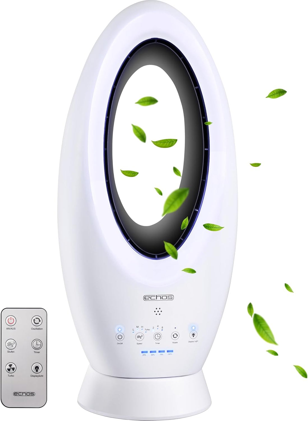 Echos®- 2-in-1 Design Akku Turmventilator Standventilator mit Fernbedienung kabellos - Akku- oder Strombetrieb - Leiser Ventilator Tischventilator oszillierend - Fernbedienung LED Beleuchtung