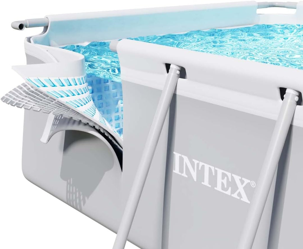 INTEX "PrismFrame" Pool rechteckig Aufstellpool Komplettset (400 x 200 x 100 cm) inkl. 12V Filterpumpe & Sicherheitsleiter Familienpool Swimmingpool Volumen ca 6.836l, blau (26788GN)