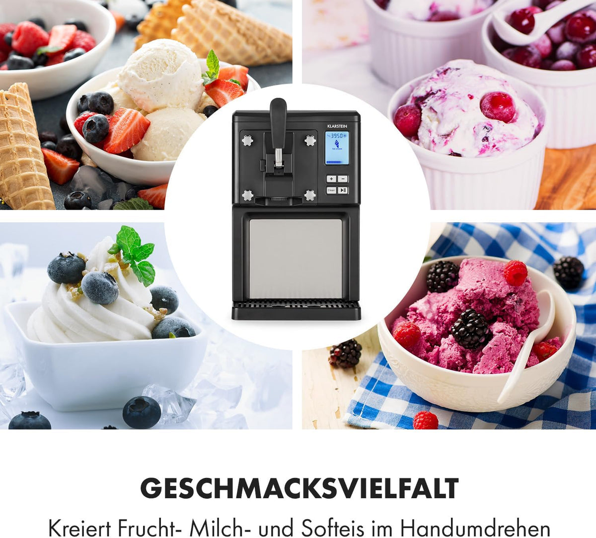 Klarstein Sweet Sundae - Eiscrememaschine, 1,5 Liter, mitselbstkühlendem Kompressor, 200 Watt, Ausgabesystem, 3 StundenAuto-Kühlhaltefunktion, Reinigungsautomatik, Edelstahl, schwarz