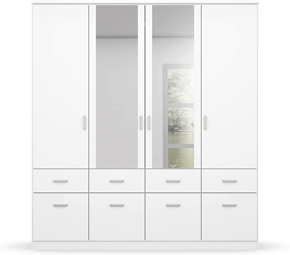 Rauch Möbel Bremen Schrank Drehtürenschrank Kleiderschrank in Weiß mit 2 Spiegeln und 8 Schubladen 4-türig, inklusive Zubehörpaket Basic 1 Kleiderstange, 4 Einlegeböden BxHxT 181x199x58 cm