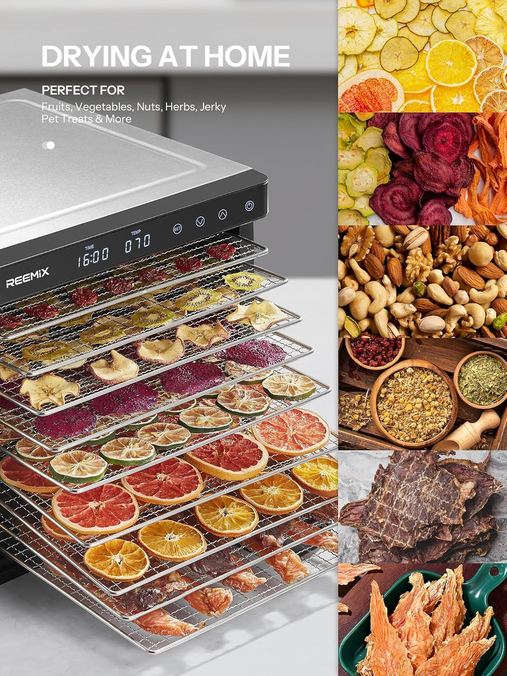 Dörrautomat Edelstahl mit digitaler Steuerung 1000W, Food Dehydrator mit 9 Edelstahl-Ablagegitter, Große Fläche 0,8 m², Temperatur: 35-75 C°, Timer: 30 min.-48h, LCD-Touch-Display