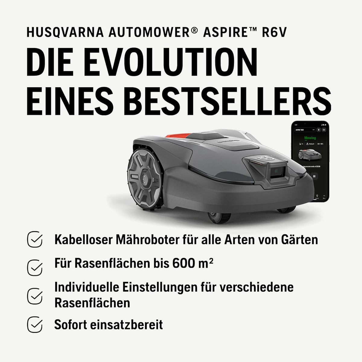 HUSQVARNA Automower Aspire R6V - Mähroboter ohne Begrenzungskabel, AI Vision Objekterkennung, GPS-Navigation, WLAN-App-Steuerung, systematische Mähmuster, virtuelle Zonen, bis 600 m2