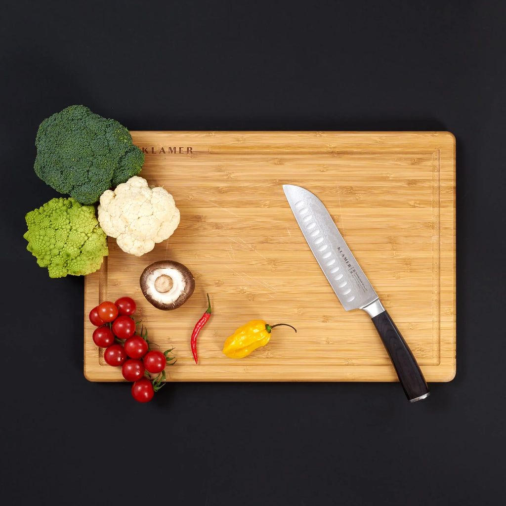Santoku Damastmesser & Schneidebrett Set