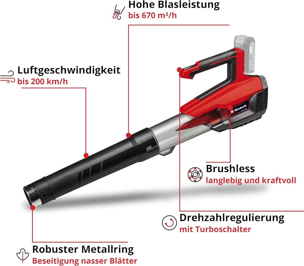 Einhell Akku-Laubbläser GP-LB 18/200 Li E Power X-Change (18V, Brushless, Drehzahlregulierung, Axialgebläse-Technologie, inkl. 4,0 Ah Akku und Ladegerät)