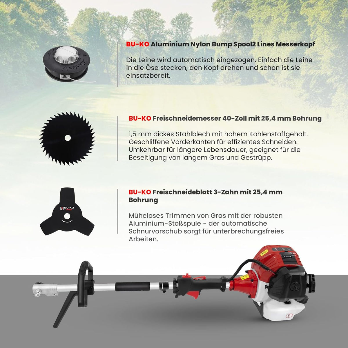 BU-KO 52cc Motorsense Benzin Gartengerät mit großer Reichweite: Benzin-Strimmer und Freischneider ausziehbare Benzin-Heckenschere -Kettensäge 3X 75cm Verlängerungsstangen, Werkzeugtasche