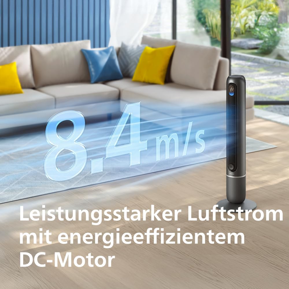 Philips Smarter Turmventilator 7000 Series – 8,4 m/s stark, ultraleise 22 dB, energieeffizient, App & Fernbedienung, Wlan, 12 Stufen, Schlafmodus, Temp‑Anzeige, 12‑h Timer, 80° Oszillation (CX7550/01)