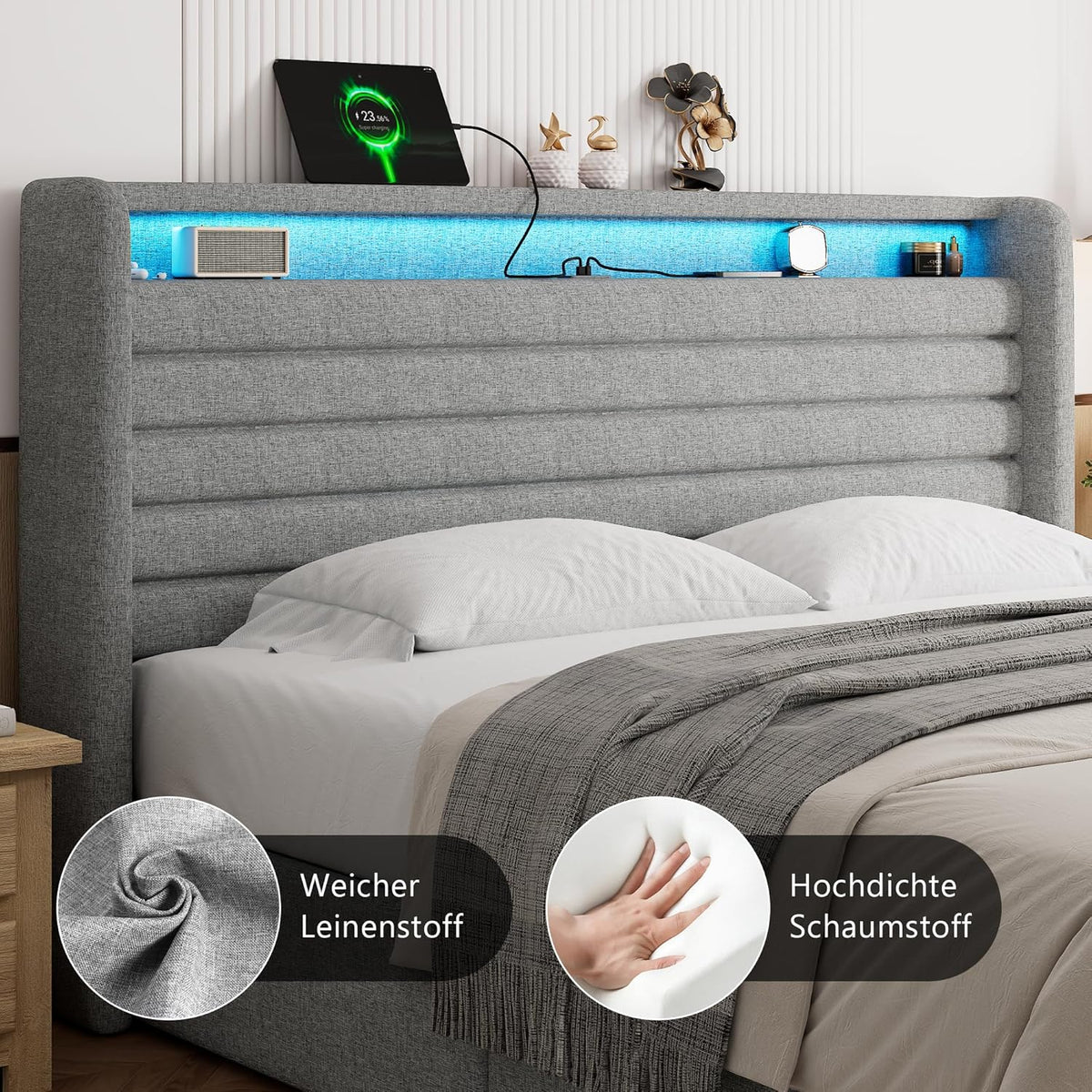 FEONASE Bett 180x200 mit Stauraum, Polsterbett 180x200 cm mit LED-Beleuchtung & Ladestation, Bettgestell mit Hydraulischem und Leinen Kopfteil Stauraum, Lattenrost, Ohne Matratze, Hellgrau