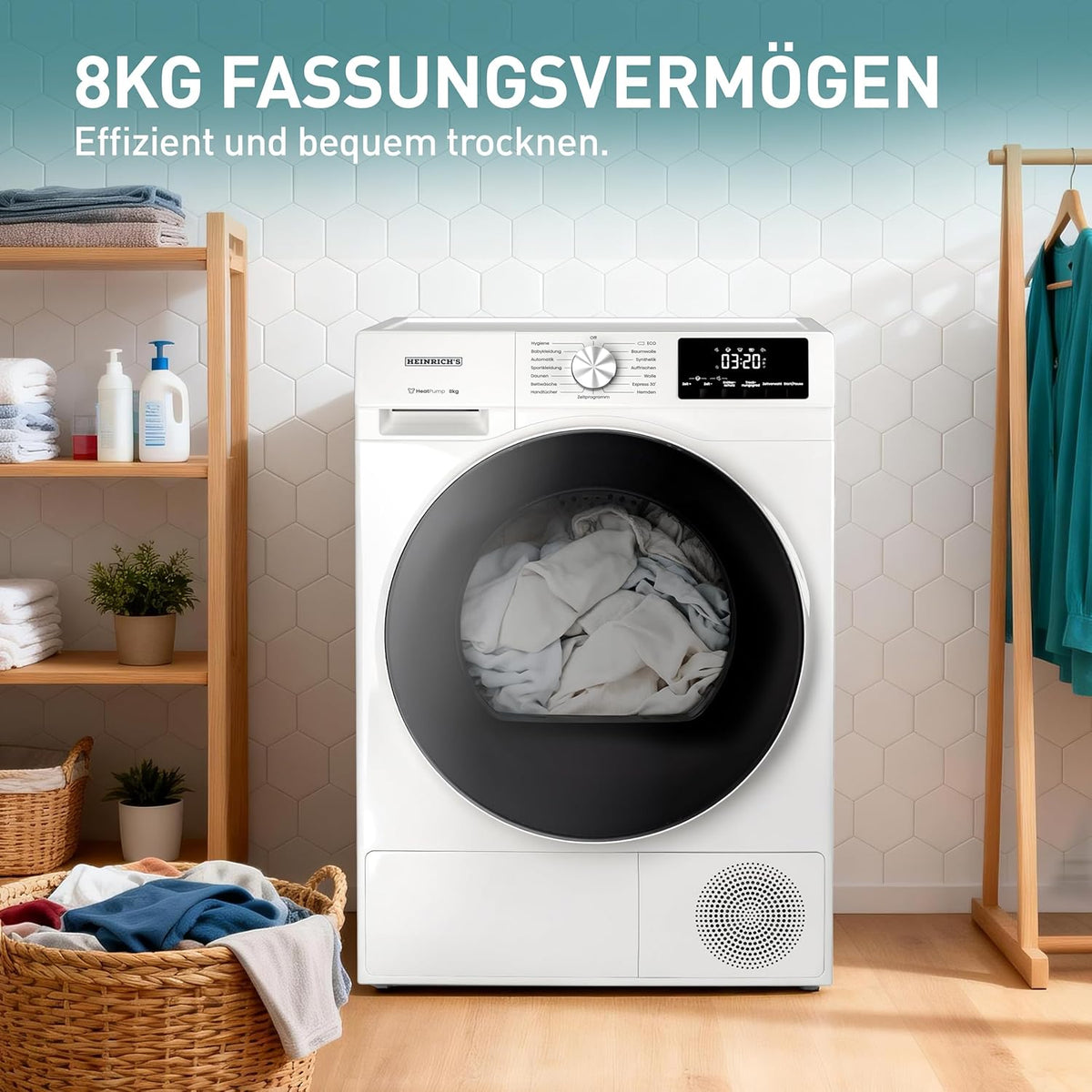 Heinrich´s Wärmepumpentrockner, 8 kg, Frontlader, Schnelltrocknung, 15 Programme, Sensor Trocknung, LED-Display & Drehregler, Edelstahl-Schontrommel, Innenbeleuchtung, schlankes Design, weiß