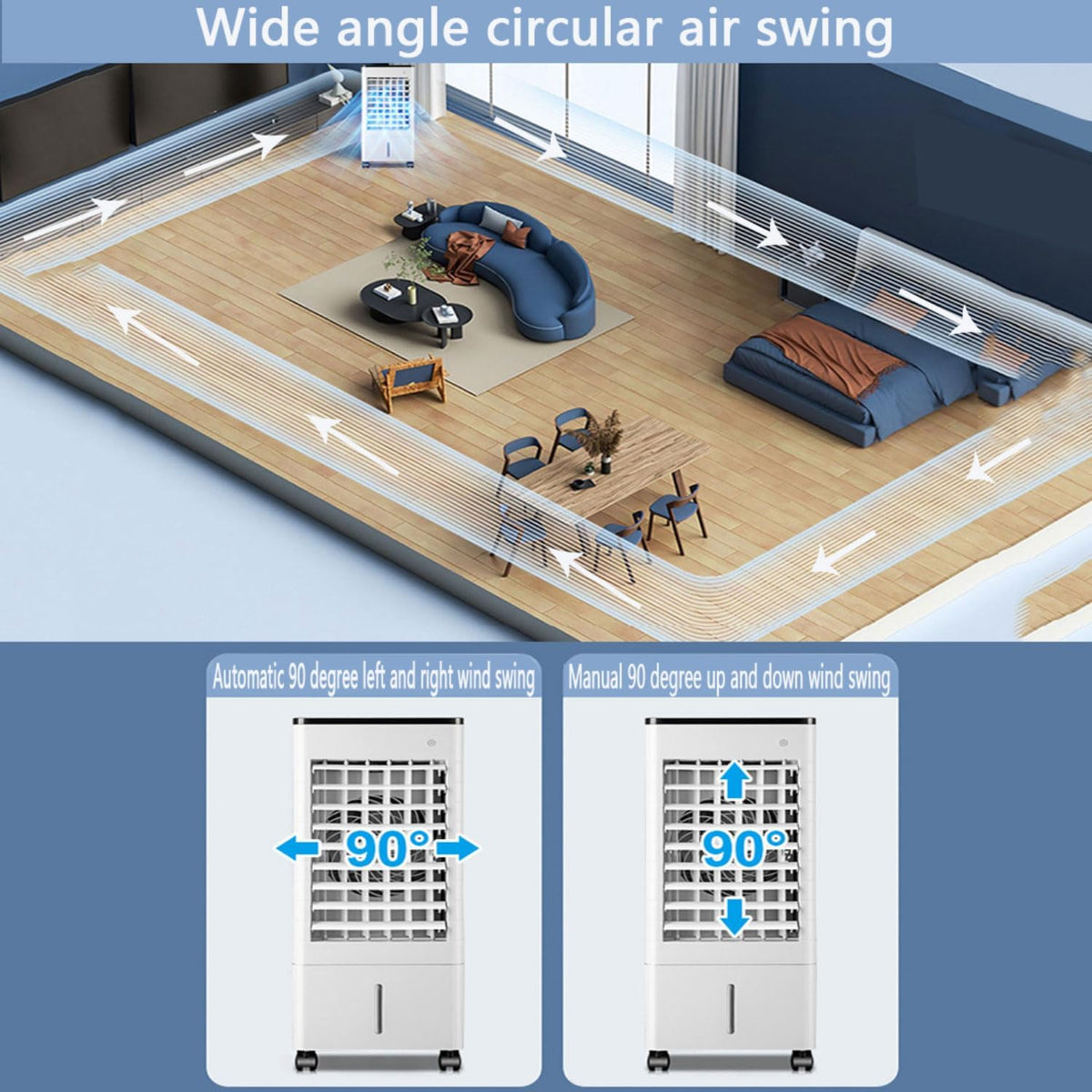 Klimagerät Mobil mit Wasserkühlung Verdunstungskühler ohne Abluftschlauch Ventilator Luftbefeuchter Luftkühler mit 3 Geschwindigkeiten 9L Wassertank 90° Oszillation 15H Timer für Zimmer