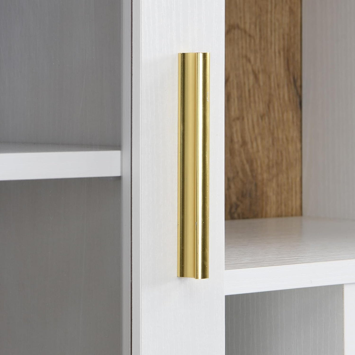 Hochschrank Küche Weiß mit Glasfront, Multifunktionaler Buffetschrank mit Weinablage und Schubladen, Stauraumschrank für Esszimmer Wohnzimmer im Landhausstil