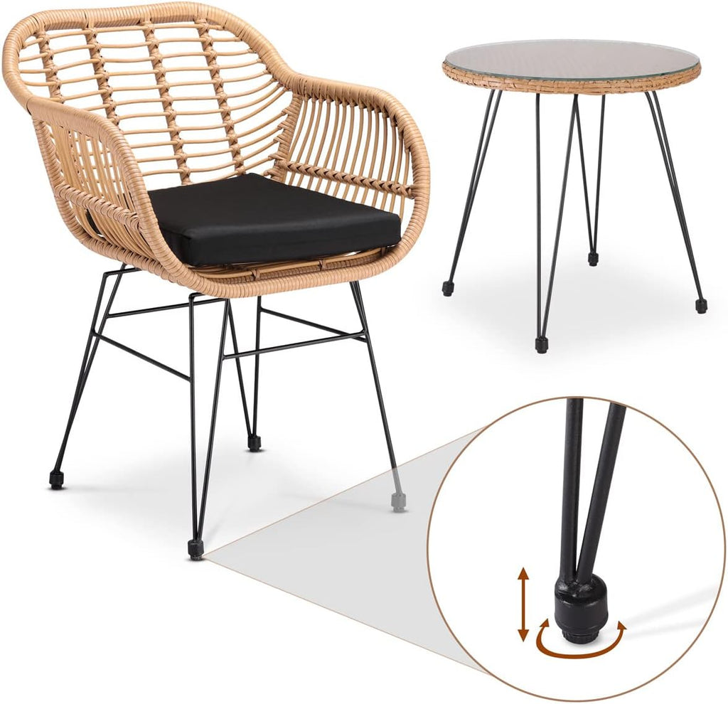 Casaria® Balkonset 3 teilig 5cm Auflagen Wetterfest 5mm Sicherheitsglasplatte Höhenverstellbar Rattan Look Outdoor Terrasse Balkon Gartenmöbel Korbsessel