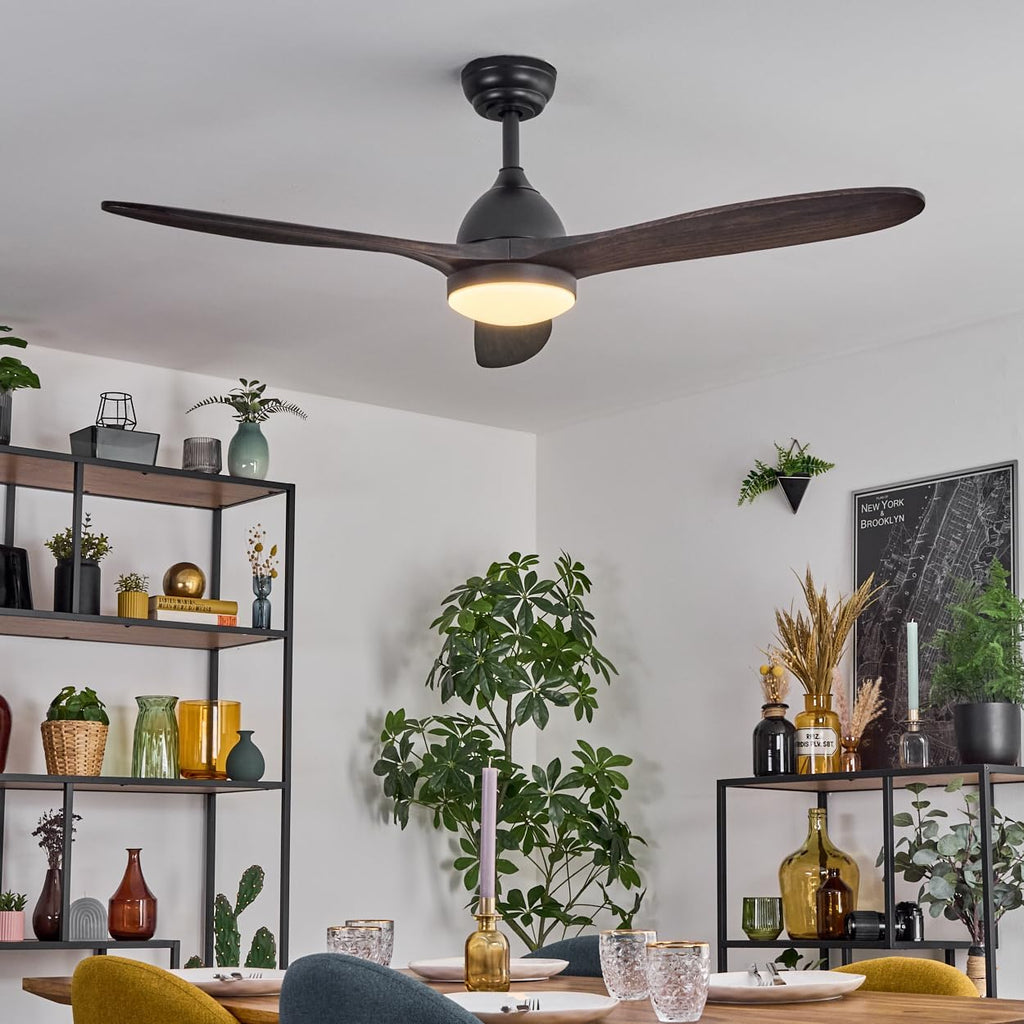 LED Deckenventilator Mosstena, dimmbare Deckenlampe mit Ventilator aus Metall/Holz in Schwarz/Mahagoni/Holz dunkel/Weiß, Auf-/Abwind, 6 Stufen, CCT, Fernbedienung, Wohnzimmer, Schlafzimmer, Büro