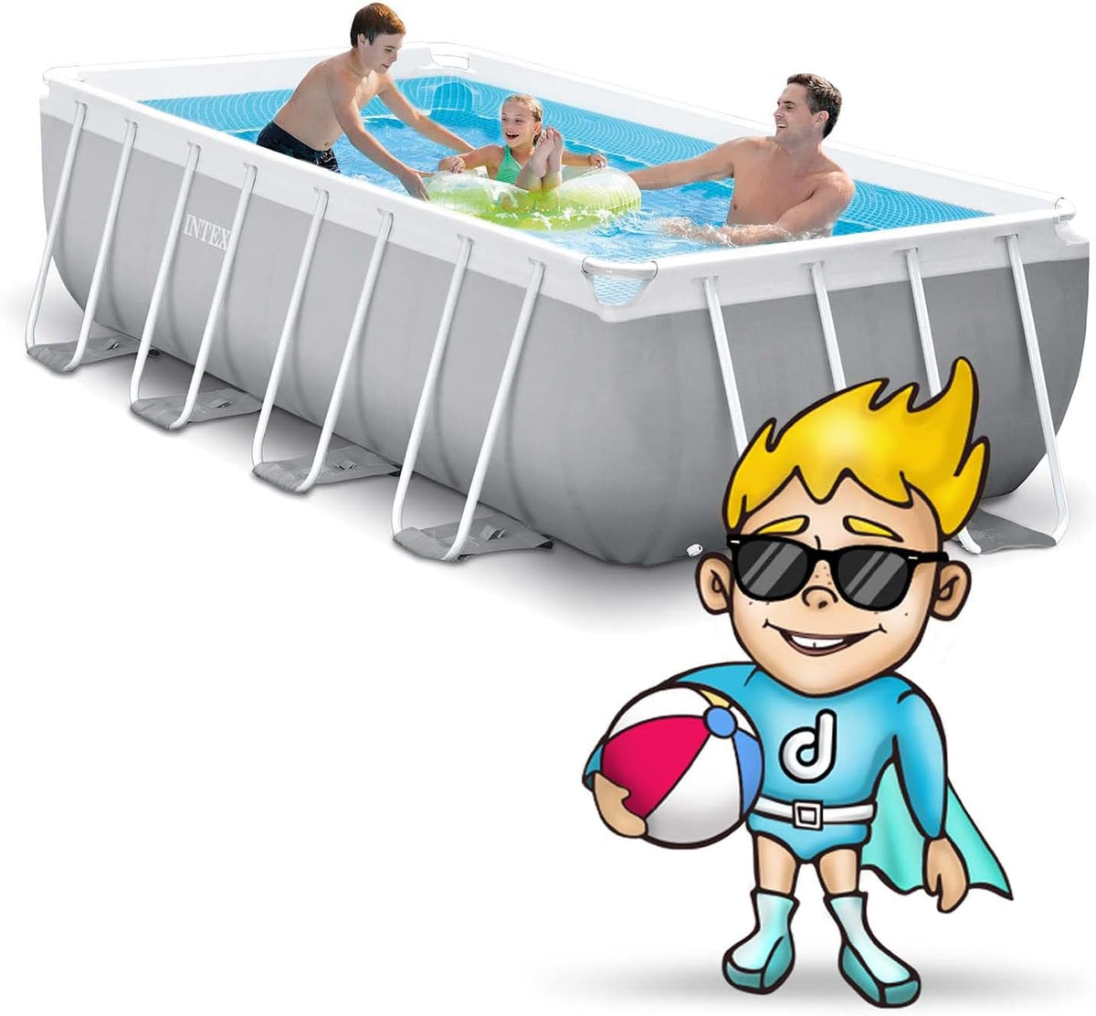 INTEX "PrismFrame" Pool rechteckig Aufstellpool Komplettset (400 x 200 x 100 cm) inkl. 12V Filterpumpe & Sicherheitsleiter Familienpool Swimmingpool Volumen ca 6.836l, blau (26788GN)