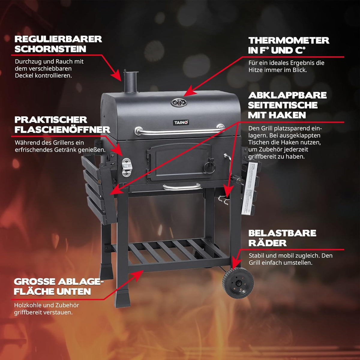 TAINO HERO XL BBQ Smoker GRILLWAGEN Holzkohle Grill Grillkamin Standgrill Räucherofen Zubehör