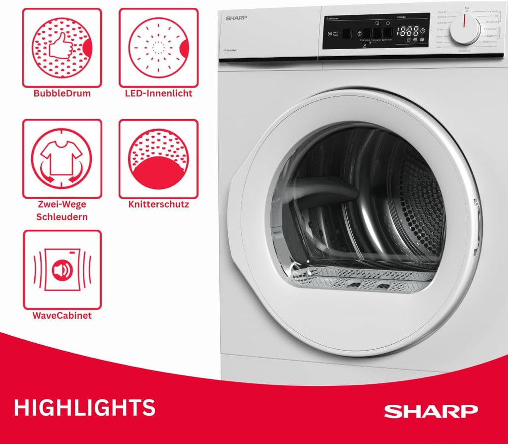 SHARP KD-NHA0S6GWWD-DE Wäschetrockner, 10kg, D, 15 Trockenprogramme inkl. 20-Minuten-Schnelltrockenprogramm, Weiß