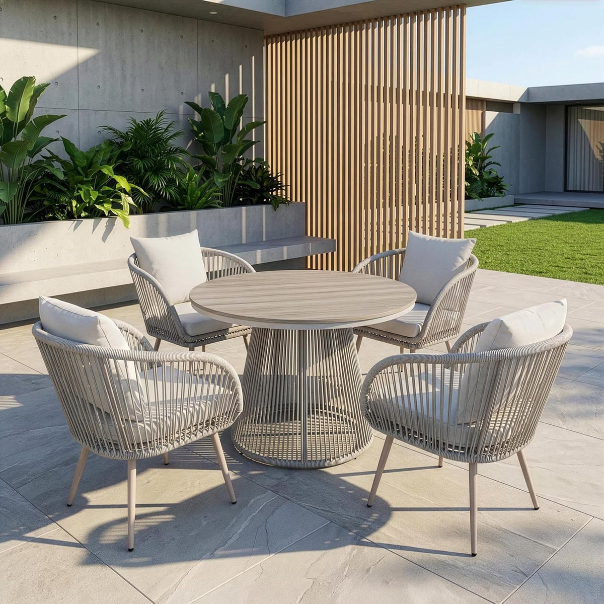 di volio Gartenmöbel Set MAZARO – Essgruppe Outdoor mit rundem Tisch & 4 Stühlen, Gartengarnitur wetterfest (Beige)